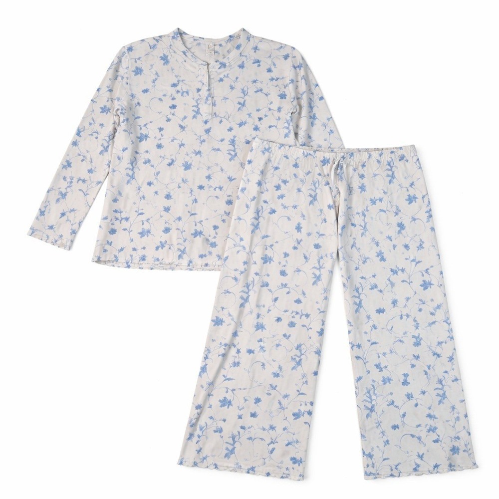 Hill House Home Organic Cotton Pajama Set XL Blue Floral Henley Wide Leg